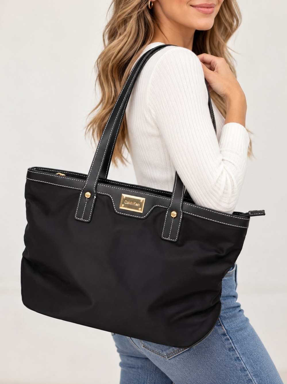 Calvin Klein Black Nylon Tote Shoulder Bag Gold Hardware NWT MSRP $138
